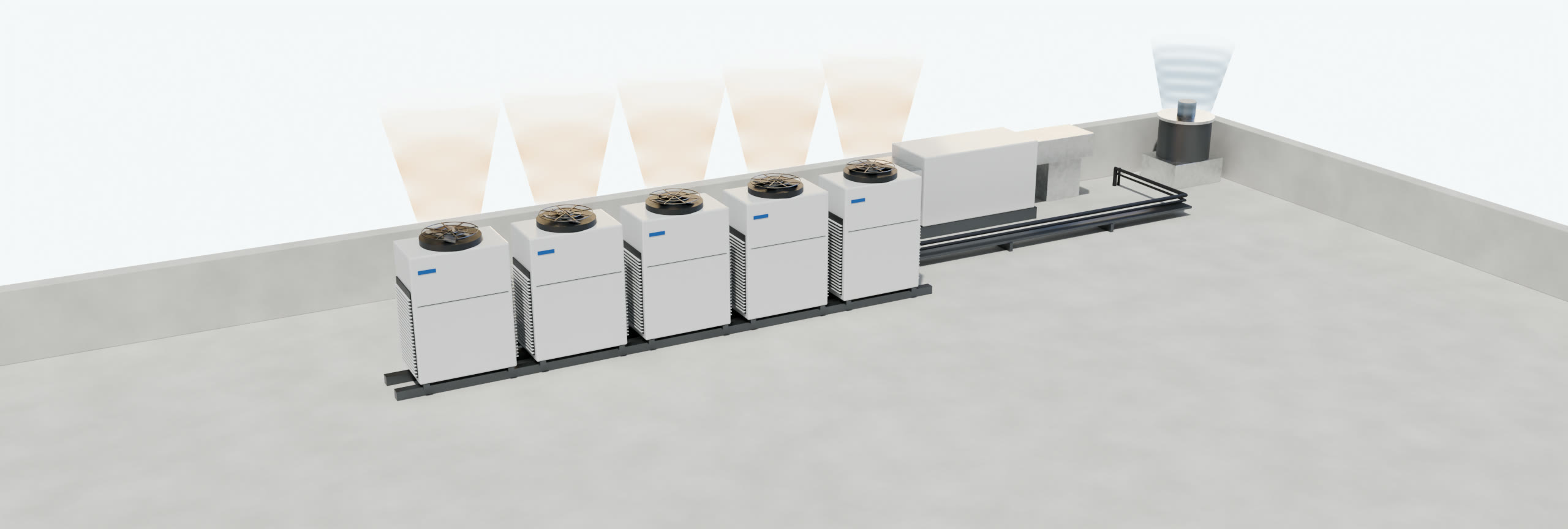 Render de un edificio cortado por niveles con sus sistemas de climatización y ventilación.